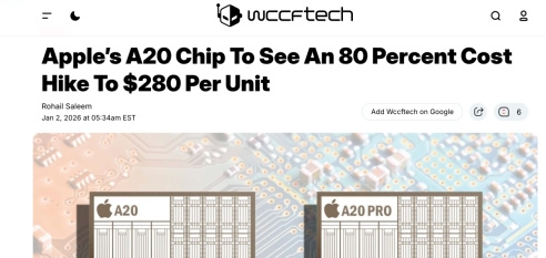 成本提升80% A20芯片或成苹果最贵芯片